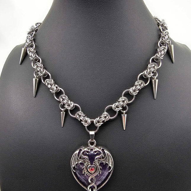 Stainless Steel Byzantine Choker with Amethyst Dragon Heart