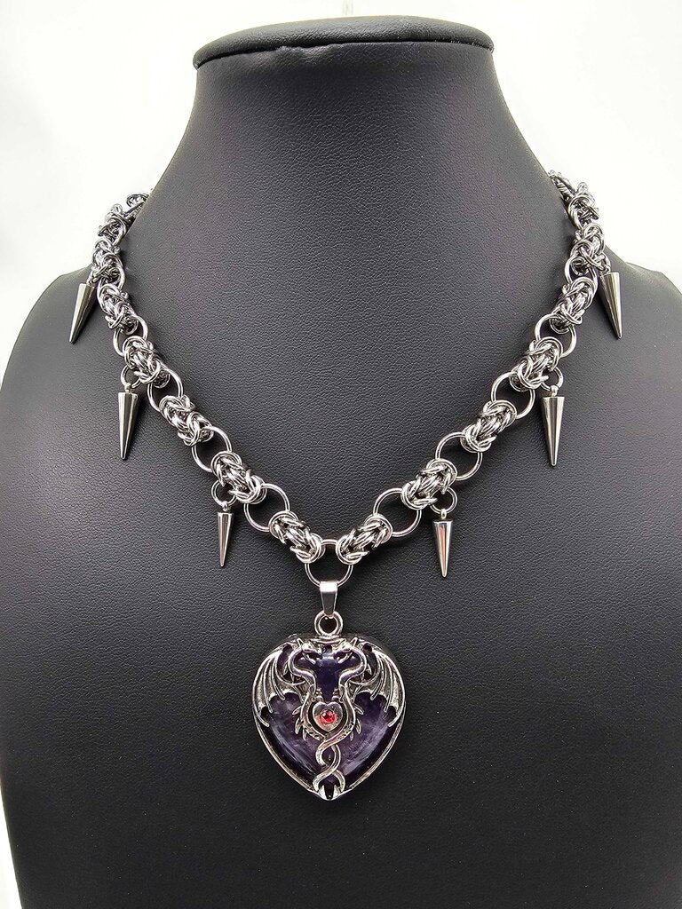 Stainless Steel Byzantine Choker with Amethyst Dragon Heart