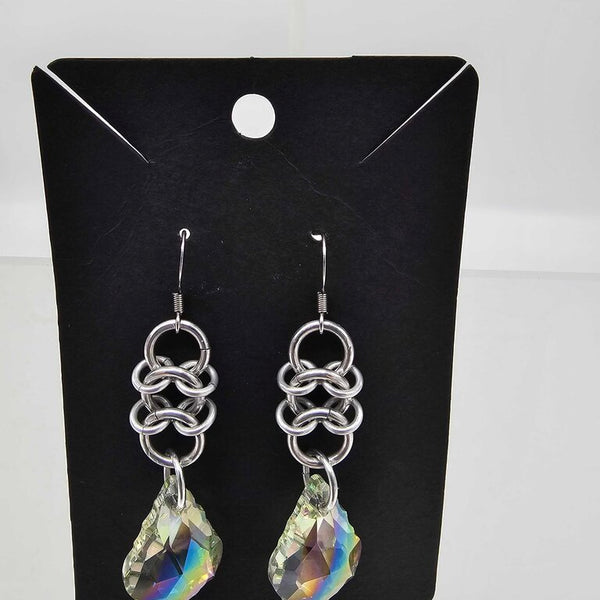 Silver aluminum and white crystal earrings surgical steel ear wires