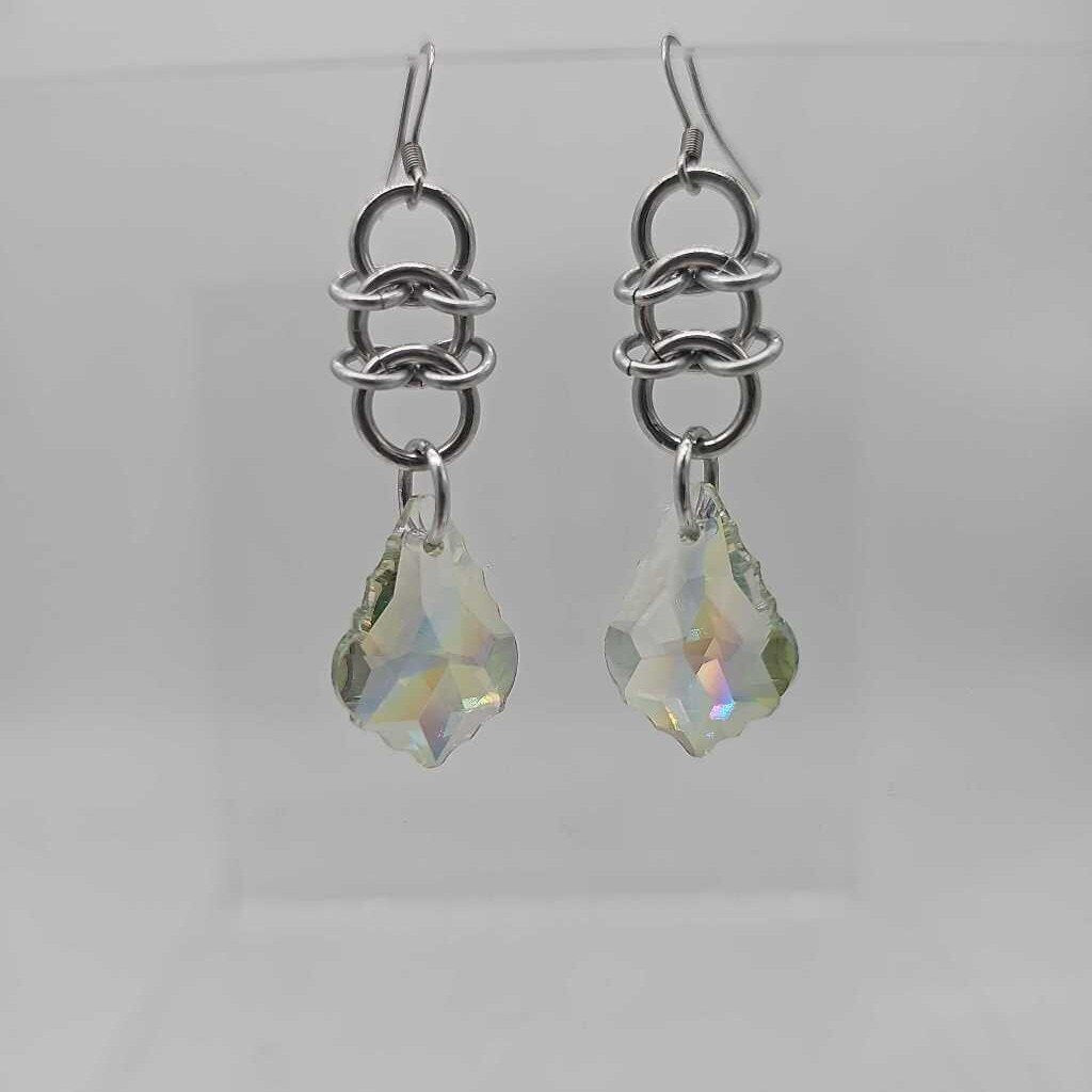 Silver aluminum and white crystal earrings surgical steel ear wires