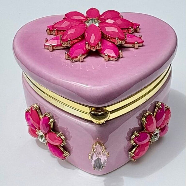 SMALL PINK HEART TRINKET DISH, decorated w/ pink flowers