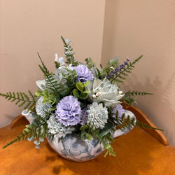 Tea Pot filled with Blue and Green Sola Wood Flowers - view 1