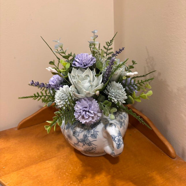 Tea Pot filled with Blue and Green Sola Wood Flowers