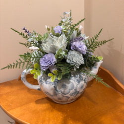 Tea Pot filled with Blue and Green Sola Wood Flowers - view 3