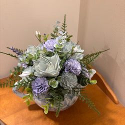 Tea Pot filled with Blue and Green Sola Wood Flowers - view 5