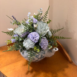 Tea Pot filled with Blue and Green Sola Wood Flowers - view 4