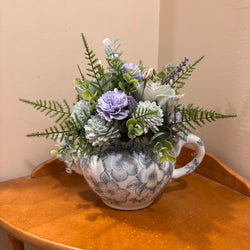 Tea Pot filled with Blue and Green Sola Wood Flowers - view 6
