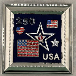 5x5 BRIGHT SHINY SILVER FRAMEw/ VTG RHINESTONE FLAGS, STARS- USA 250 - view 1