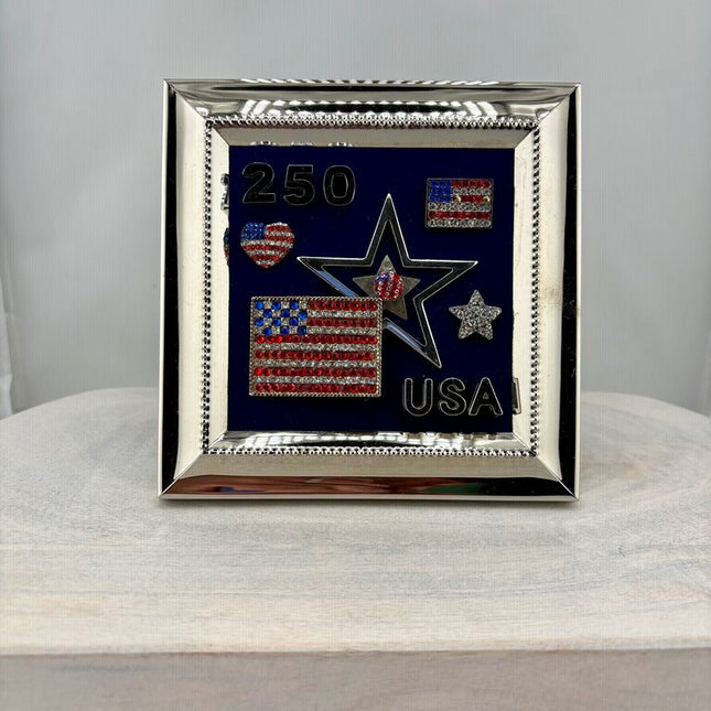 5x5 BRIGHT SHINY SILVER FRAMEw/ VTG RHINESTONE FLAGS, STARS- USA 250