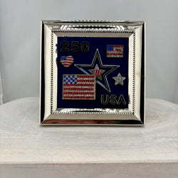 5x5 BRIGHT SHINY SILVER FRAMEw/ VTG RHINESTONE FLAGS, STARS- USA 250 - view 2