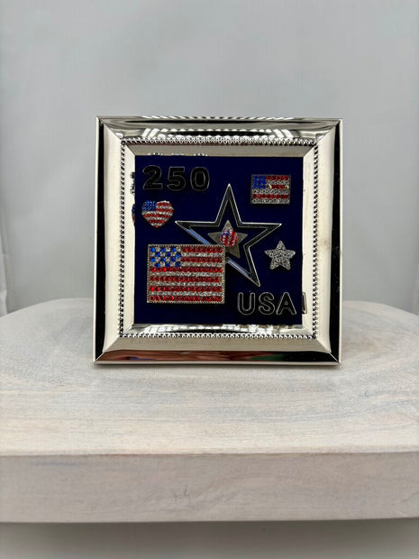 5x5 BRIGHT SHINY SILVER FRAMEw/ VTG RHINESTONE FLAGS, STARS- USA 250
