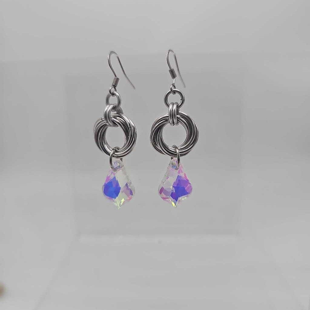 Silver Mobius and Yellow Crystal Earrings, Surgical Steel Ear Wires