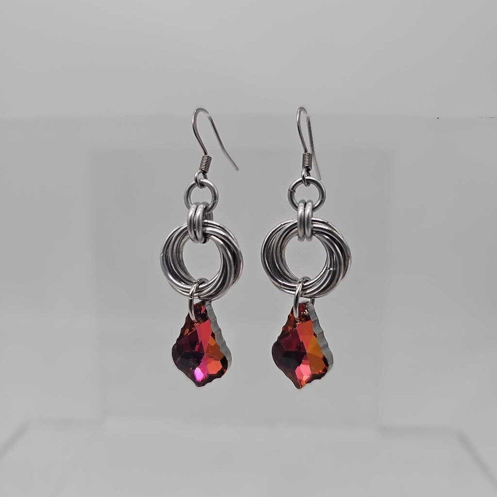 Silver Mobius and Dark Pink Crystal Earrings, Surgical Steel Ear Wires