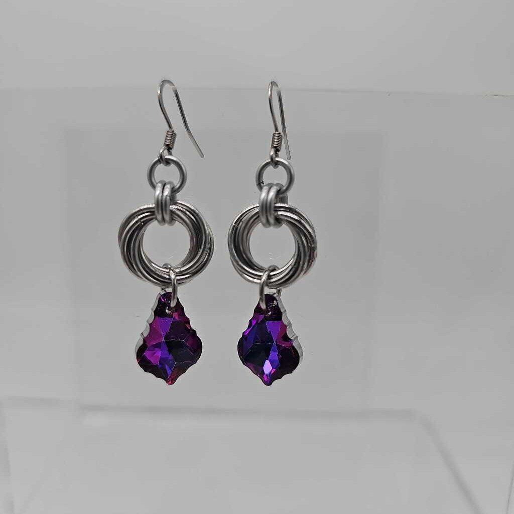 Silver Mobius and Dark Purple Crystal Earrings, Surgical Steel Ear Wires
