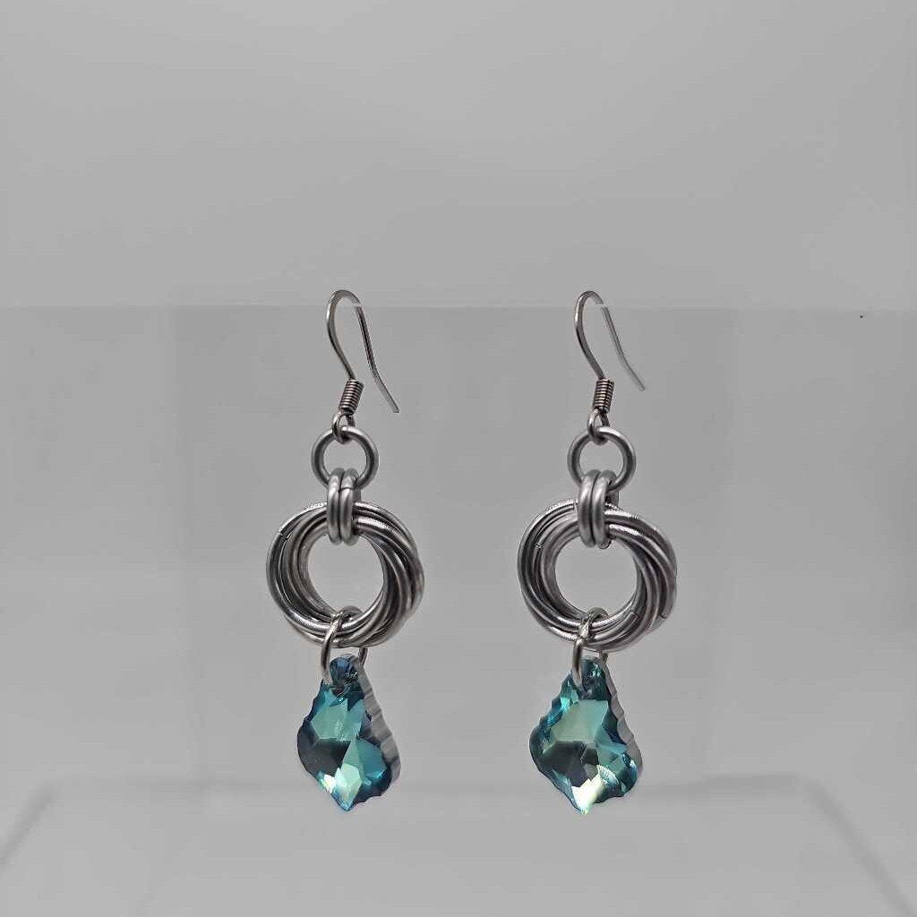 Silver Mobius and Aquamarine Blue Crystal Earrings, Surgical Steel Ear Wires