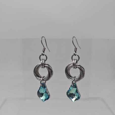 Silver Mobius and Aquamarine Blue Crystal Earrings, Surgical Steel Ear Wires