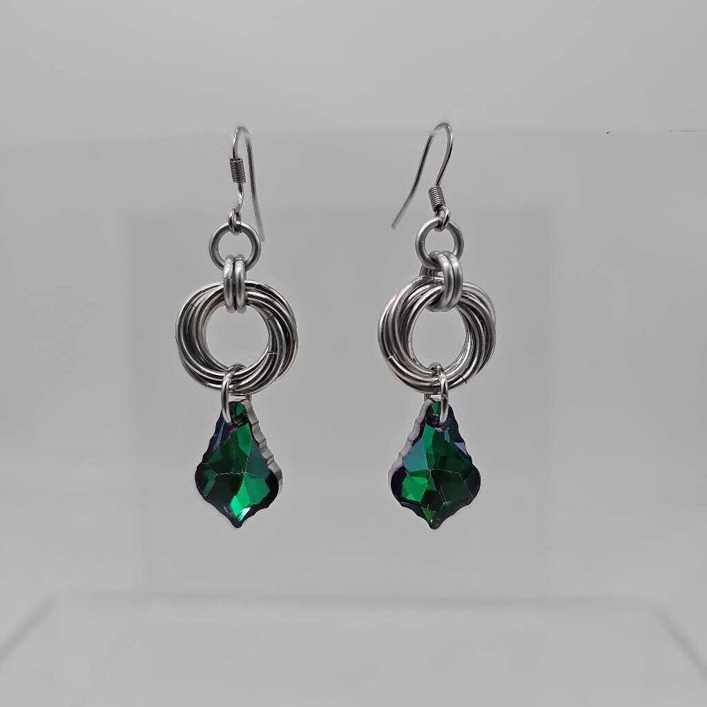 Silver Mobius and Emerald Green Crystal Earrings, Surgical Steel Ear Wires