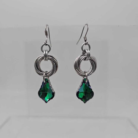 Silver Mobius and Emerald Green Crystal Earrings, Surgical Steel Ear Wires