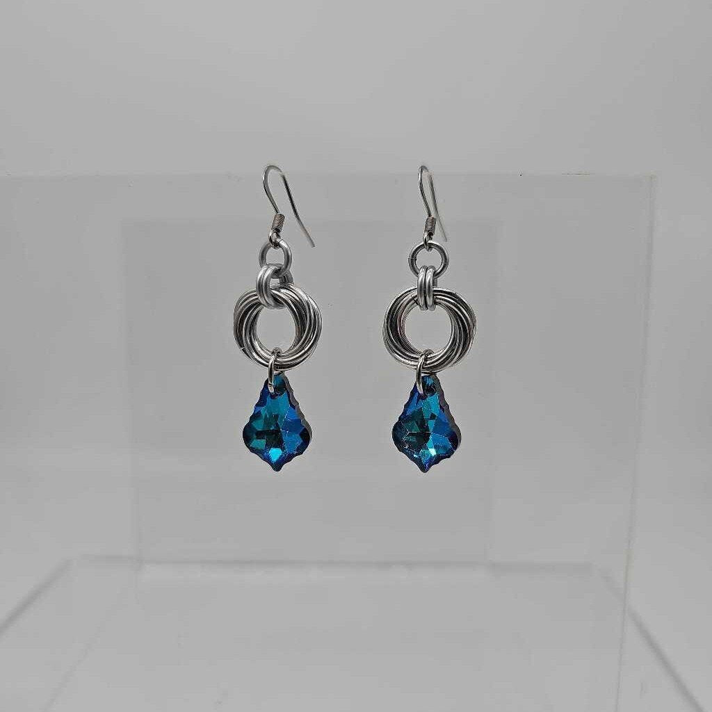 Silver Mobius and Sapphire Blue Crystal Earrings, Surgical Steel Ear Wires