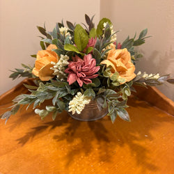 Low Tin filled with Yellow and Rust colored Sola Wood Flowers - view 1