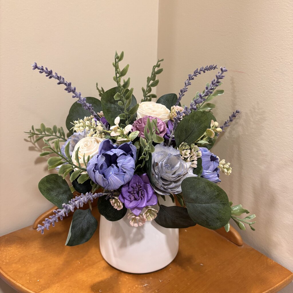 Purple, Blue and White Sola Wood Flowers in White Vase