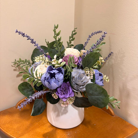 Purple, Blue and White Sola Wood Flowers in White Vase