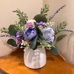 Purple, Blue and White Sola Wood Flowers in White Vase - view 4