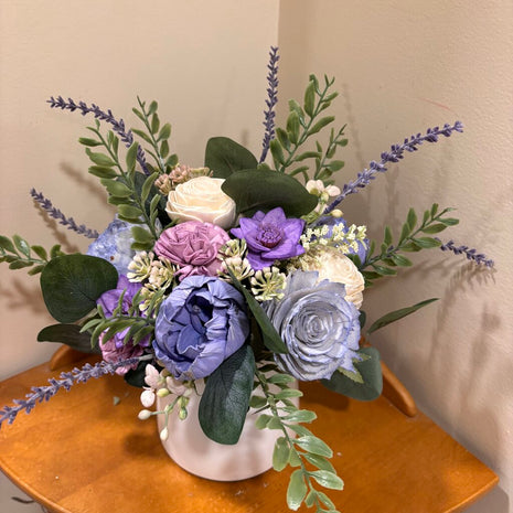 Purple, Blue and White Sola Wood Flowers in White Vase