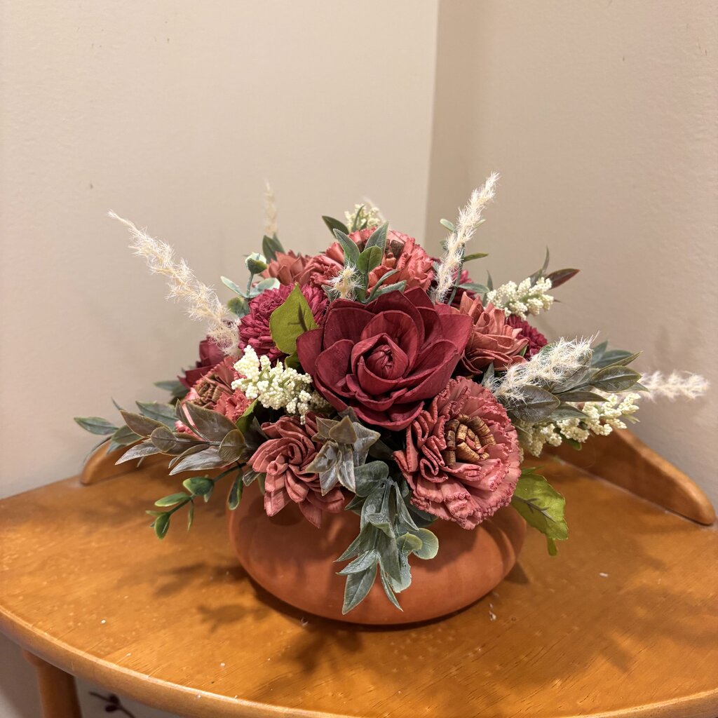 Low Terracotta Pot filled with Rust and Maroon colored Sola Wood Flowers