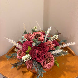 Low Terracotta Pot filled with Rust and Maroon colored Sola Wood Flowers - view 3