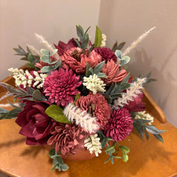 Low Terracotta Pot filled with Rust and Maroon colored Sola Wood Flowers - view 5