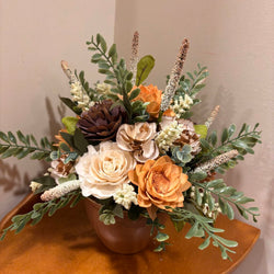 Orange, Brown and Cream colored Sola Wood Flowers in Brown Pot - view 1