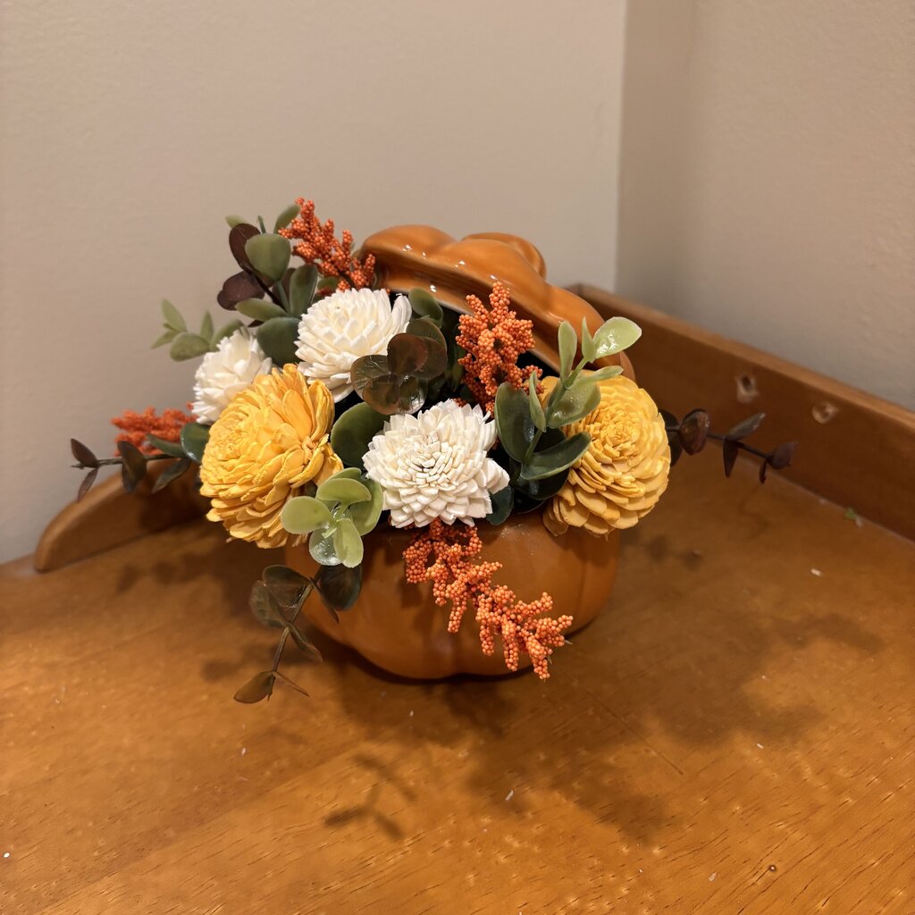 Small Ceramic Pumpkin filled with Sola Wood Flowers