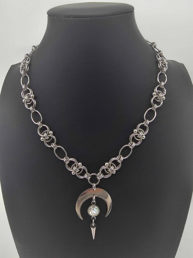 Stainless Steel Helm Moon White Crystal Necklace Choker 16-18 inches