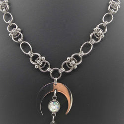 Stainless Steel Helm Moon White Crystal Necklace Choker 16-18 inches - view 2
