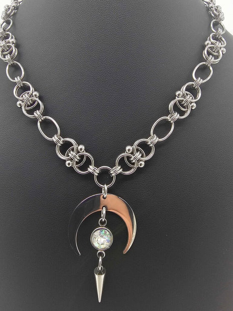Stainless Steel Helm Moon White Crystal Necklace Choker 16-18 inches