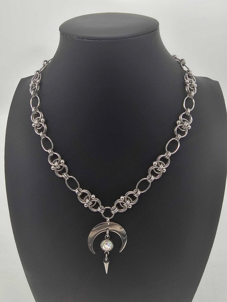 Stainless Steel Helm Moon White Crystal Necklace Choker 16-18 inches