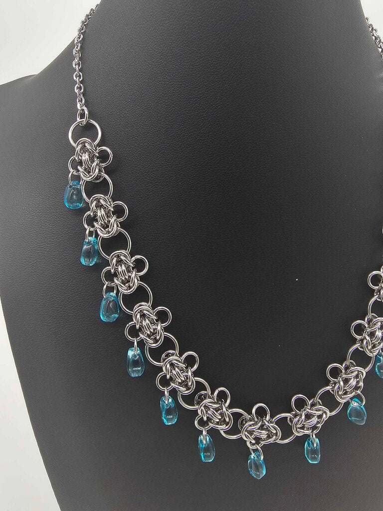 Stainless Steel Byzantine Blue Glass Drops Necklace Choker 17-19 inches
