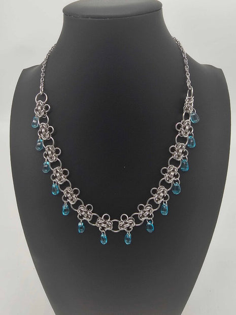 Stainless Steel Byzantine Blue Glass Drops Necklace Choker 17-19 inches