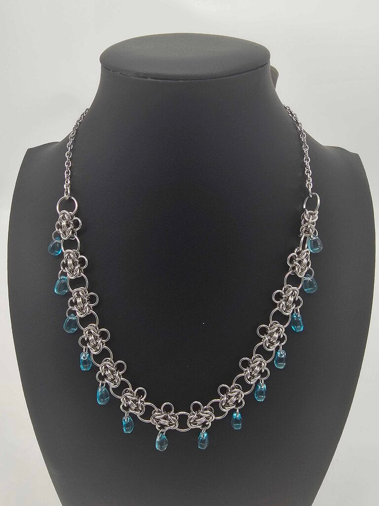 Stainless Steel Byzantine Blue Glass Drops Necklace Choker 17-19 inches