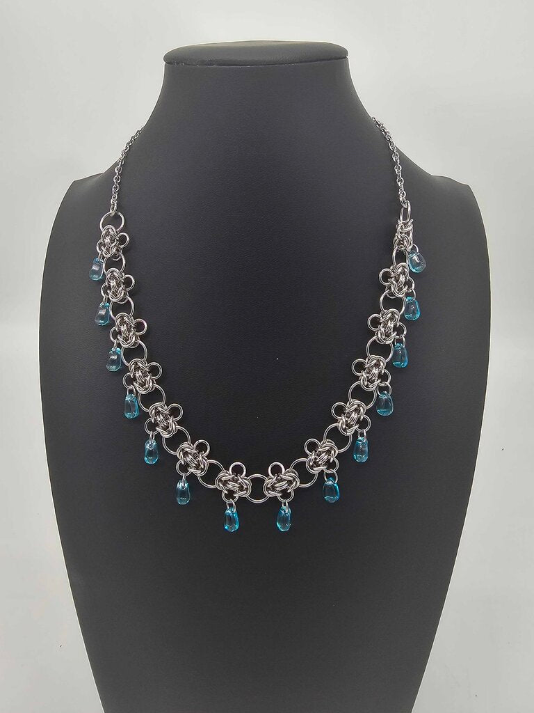 Stainless Steel Byzantine Blue Glass Drops Necklace Choker 17-19 inches