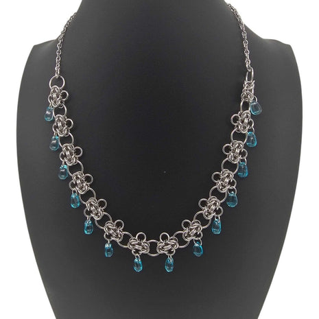 Stainless Steel Byzantine Blue Glass Drops Necklace Choker 17-19 inches
