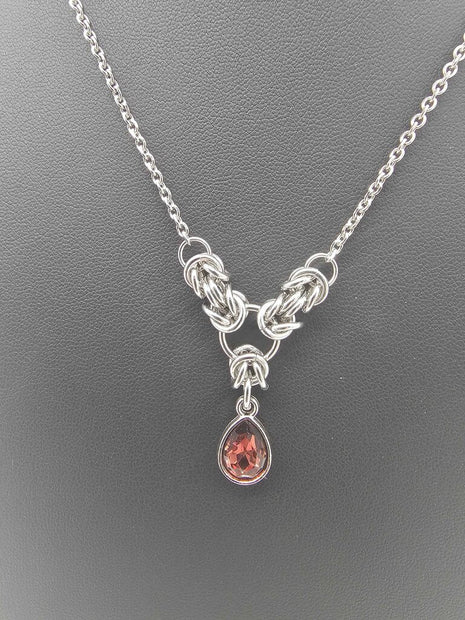 Dark Red Crystal Stainless Steel Byzantine "January" Necklace 16-18 inches long