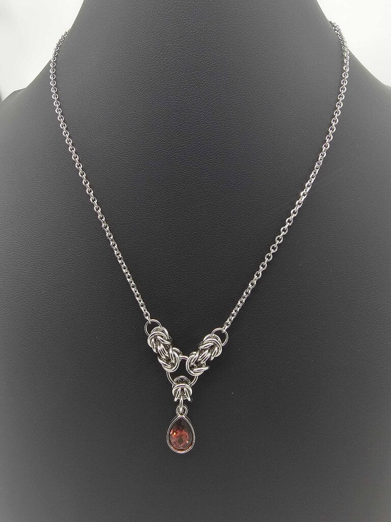 Dark Red Crystal Stainless Steel Byzantine "January" Necklace 16-18 inches long
