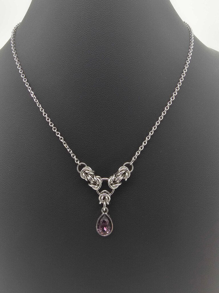 Dark Purple Crystal Stainless Steel Byzantine "February" Necklace 16-18 inches long