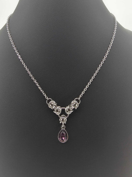 Dark Purple Crystal Stainless Steel Byzantine "February" Necklace 16-18 inches long