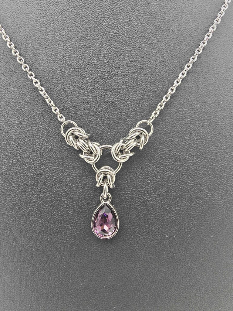 Dark Purple Crystal Stainless Steel Byzantine "February" Necklace 16-18 inches long