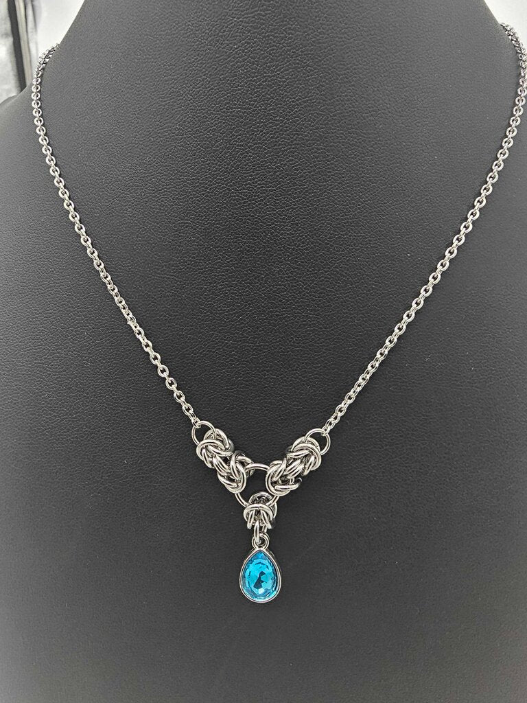 Light Blue Crystal Stainless Steel Byzantine "March" Necklace 16-18 inches long