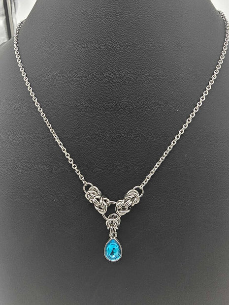 Light Blue Crystal Stainless Steel Byzantine "March" Necklace 16-18 inches long