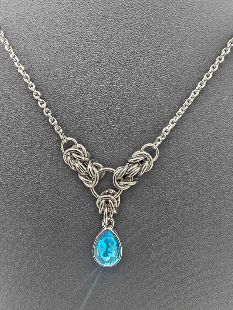 Light Blue Crystal Stainless Steel Byzantine "March" Necklace 16-18 inches long